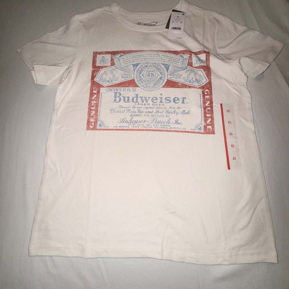 Budweiser Graphic T-Shirt Men XS Egret White NEW Vintage Label Logo Tee